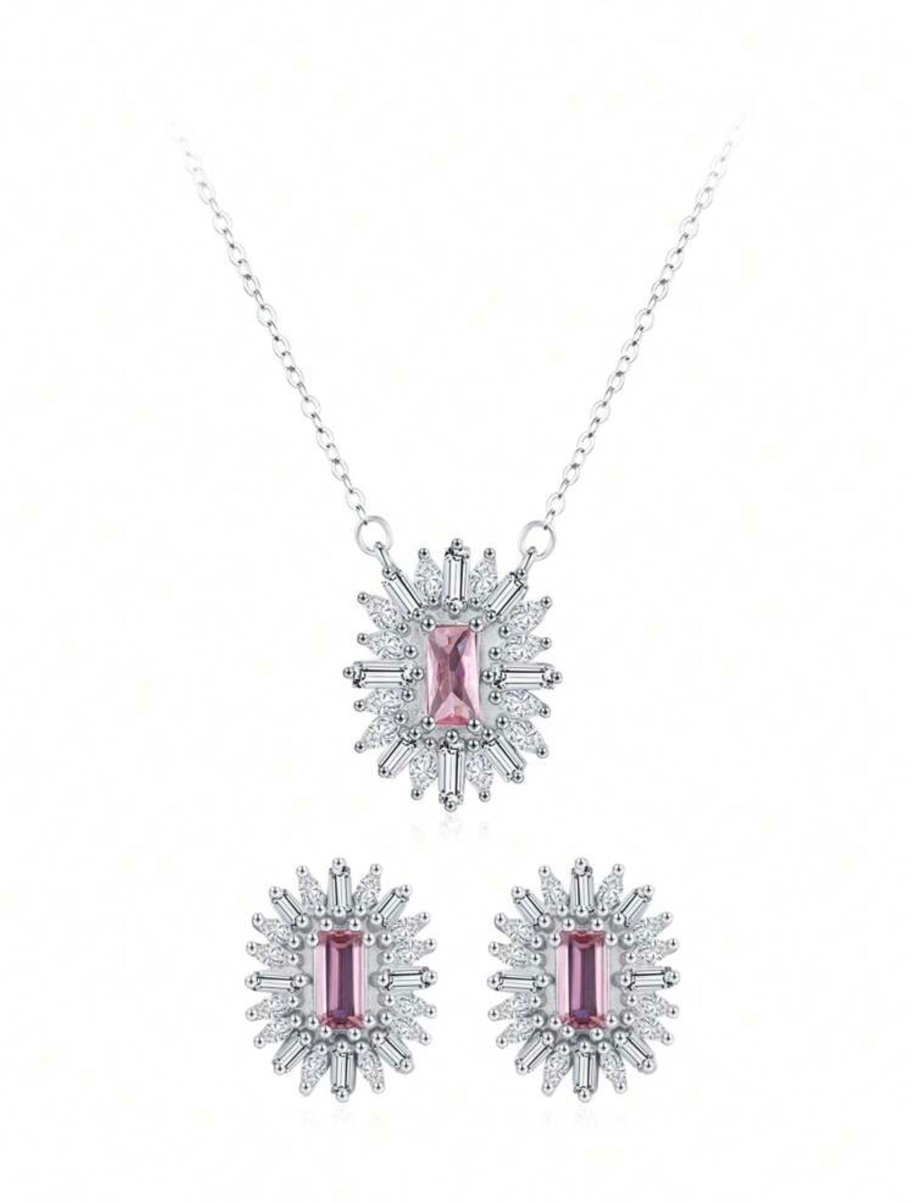 Fashionable luxury 925 sterling silver jewelry with pink sapphire. The set includes a pendant and earrings.