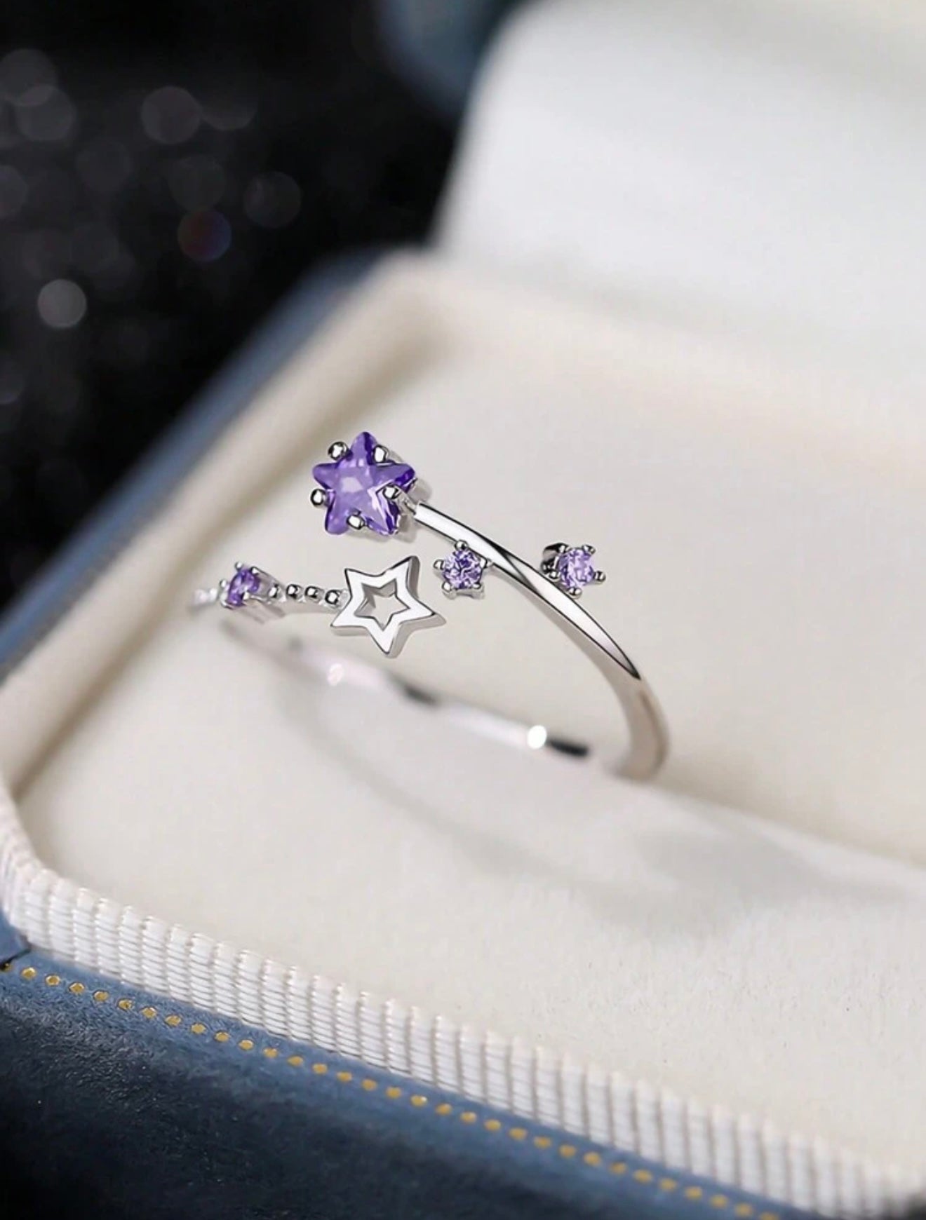 S925 Sterling Silver Adjustable Purple Amethyst Star Ring