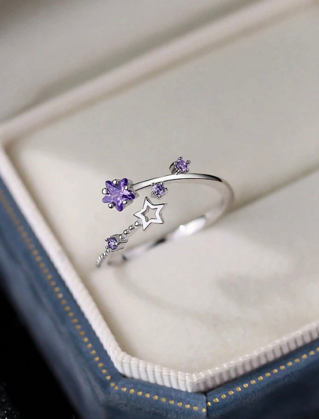 S925 Sterling Silver Adjustable Purple Amethyst Star Ring