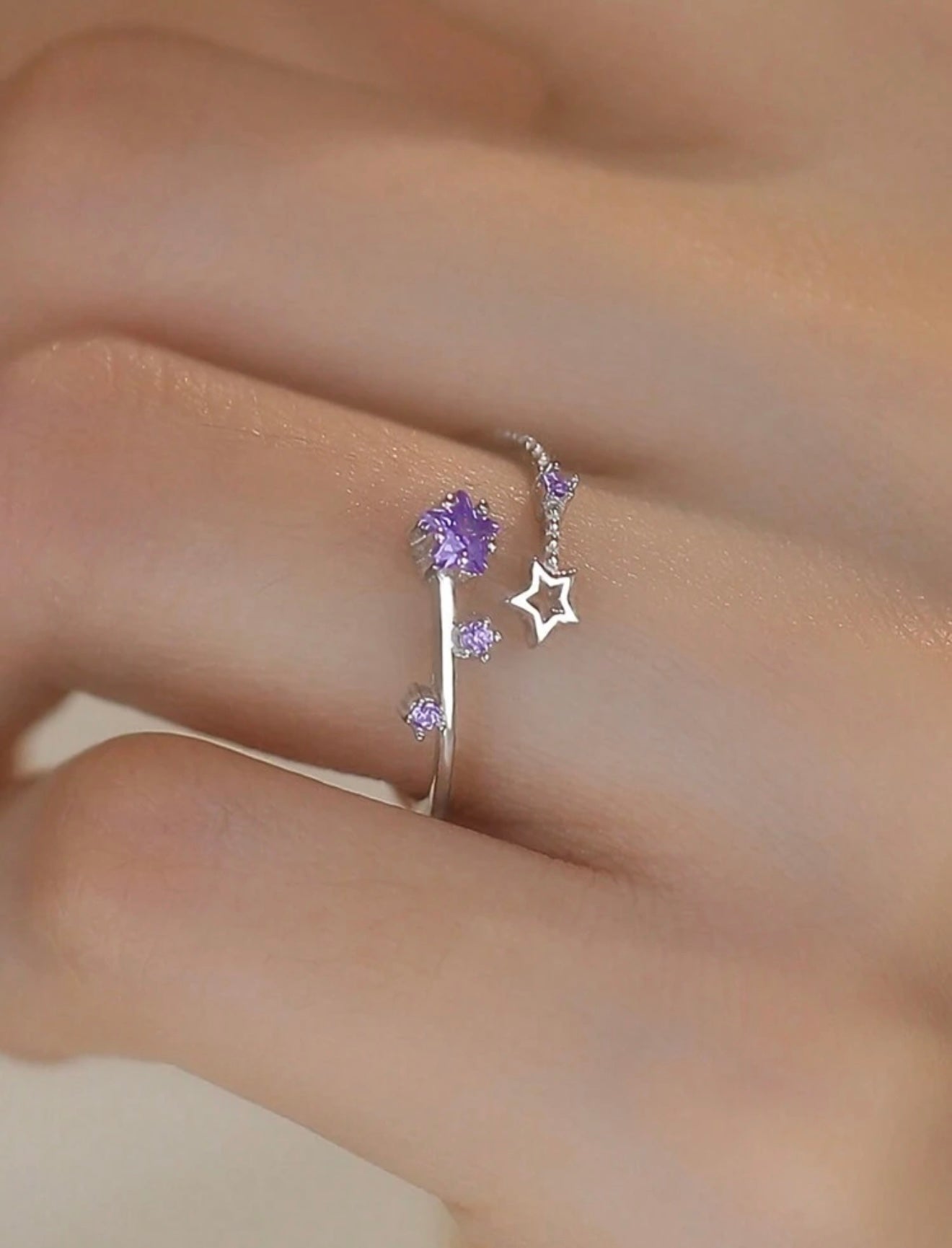 S925 Sterling Silver Adjustable Purple Amethyst Star Ring