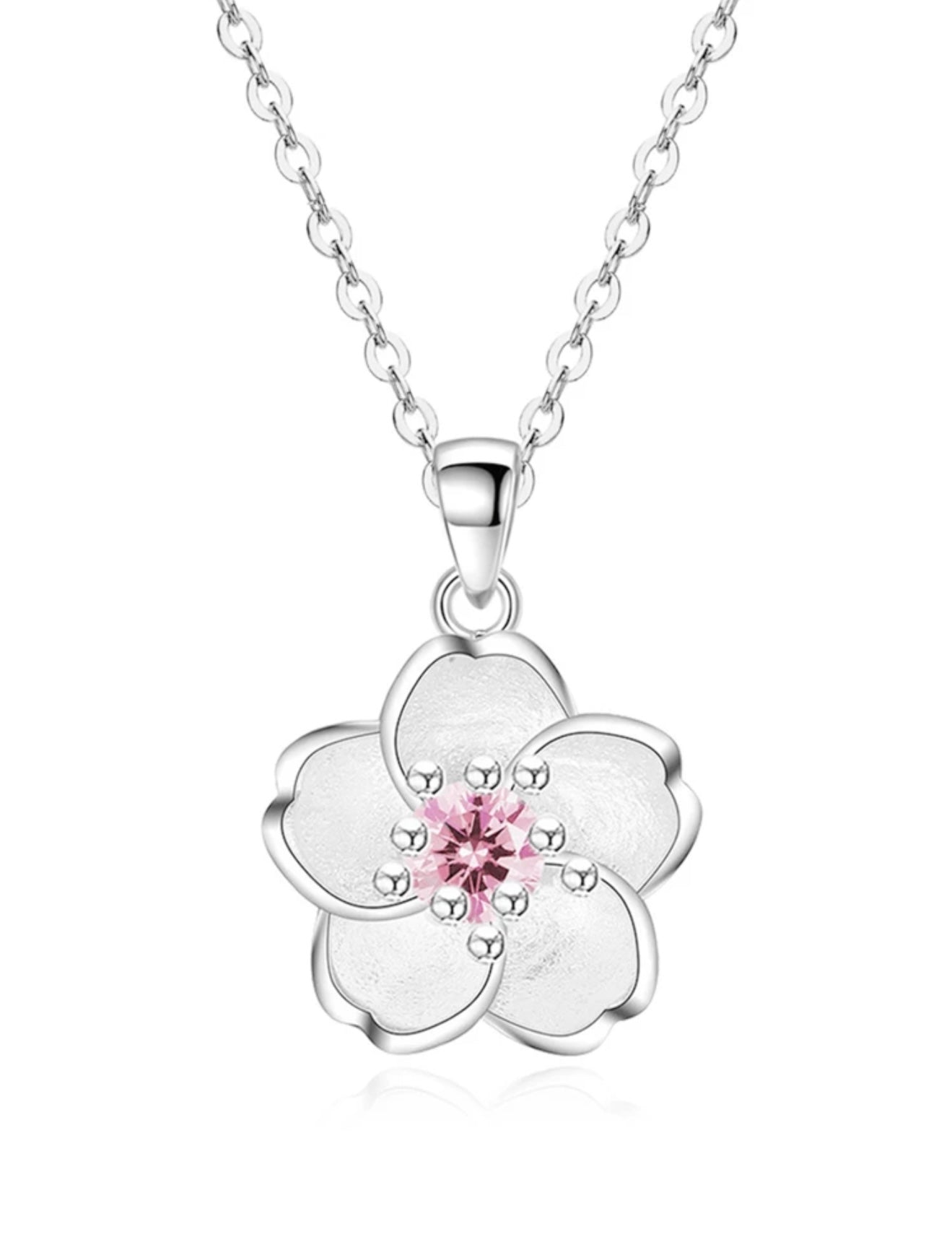 Sterling Silver Cherry Blossom Pendant Necklace, pink synthetic Sapphire encrusted