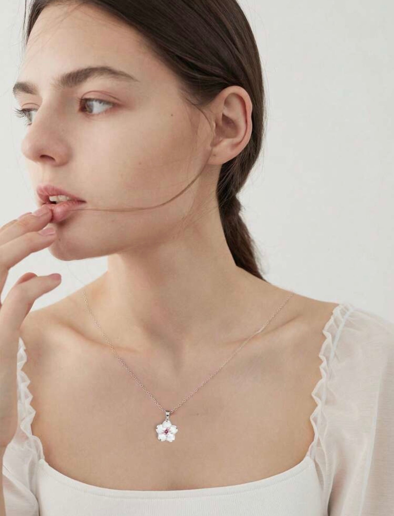 Sterling Silver Cherry Blossom Pendant Necklace, pink synthetic Sapphire encrusted