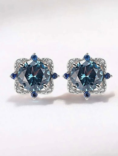925 Sterling Silver earrings, gold plated, round blue zirconium