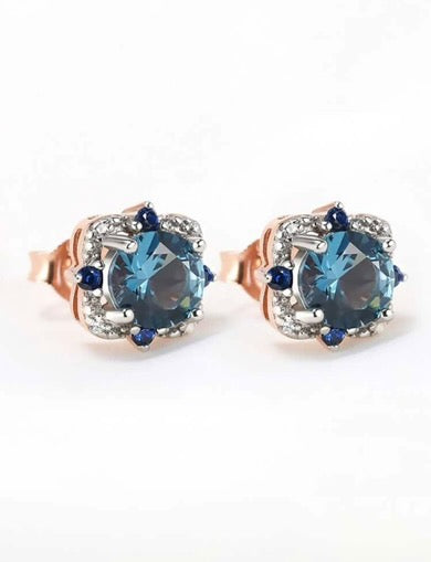 925 Sterling Silver earrings, gold plated, round blue zirconium