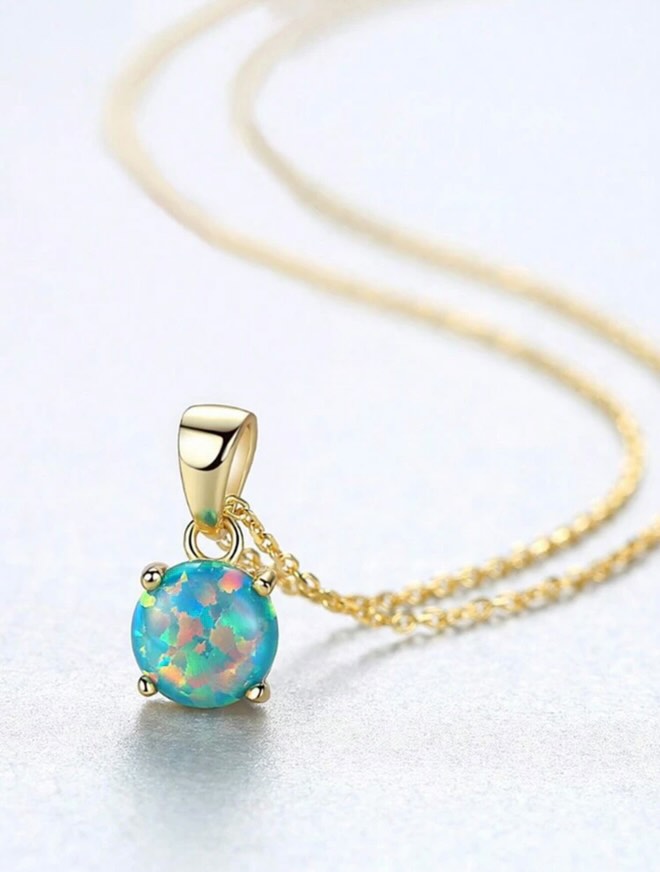 Necklace 925 Sterling Silver Created Blue Opal Pendant Necklace for Women Girls 14K Gold, Classic Solitaire, Round Shape, 8mm, 1 Carat total