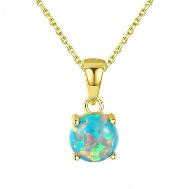 Necklace 925 Sterling Silver Created Blue Opal Pendant Necklace for Women Girls 14K Gold, Classic Solitaire, Round Shape, 8mm, 1 Carat total