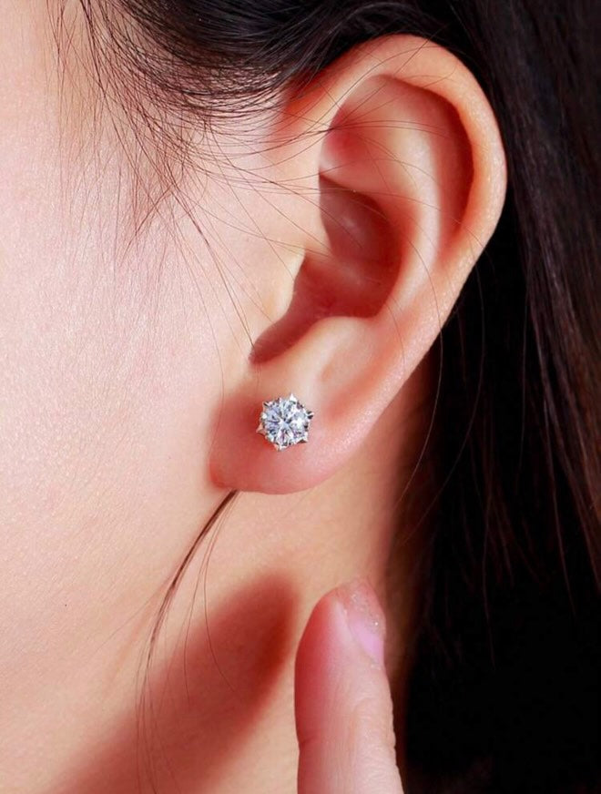 Earrings Pair Beautiful Sparkly 5A Cubic Zirconia Real 925 Sterling Silver Round Snow Flower Stud Earrings