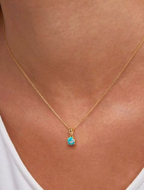 Necklace 925 Sterling Silver Created Blue Opal Pendant Necklace for Women Girls 14K Gold, Classic Solitaire, Round Shape, 8mm, 1 Carat total