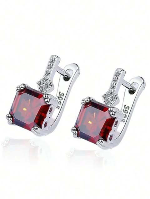 Women’s 925 Sterling Silver earrings with square red zirconia