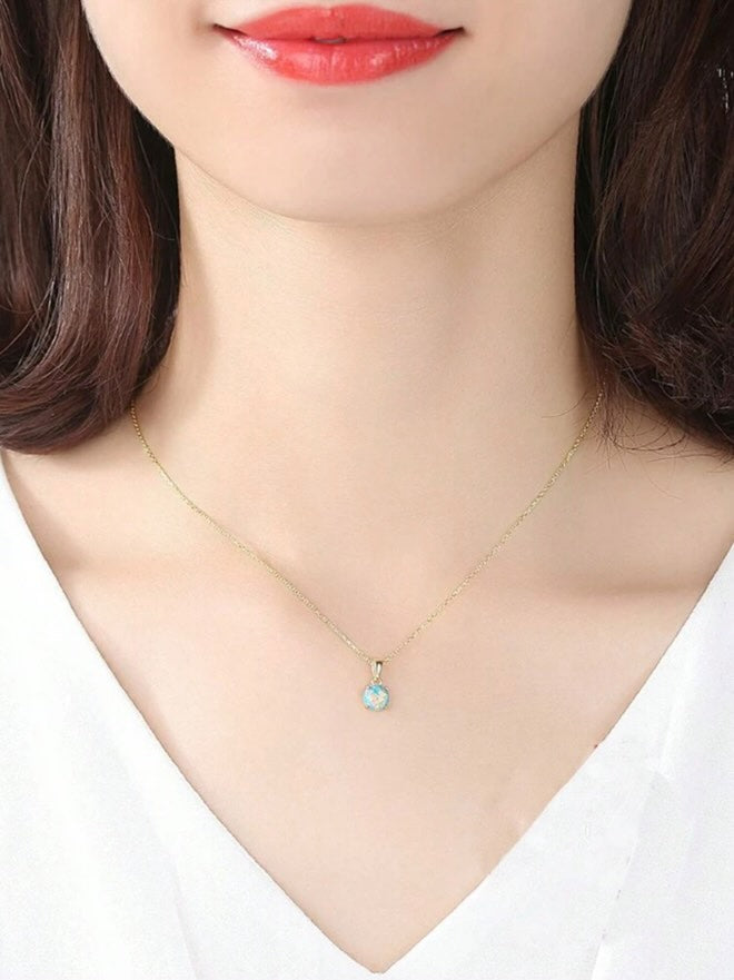 Necklace 925 Sterling Silver Created Blue Opal Pendant Necklace for Women Girls 14K Gold, Classic Solitaire, Round Shape, 8mm, 1 Carat total