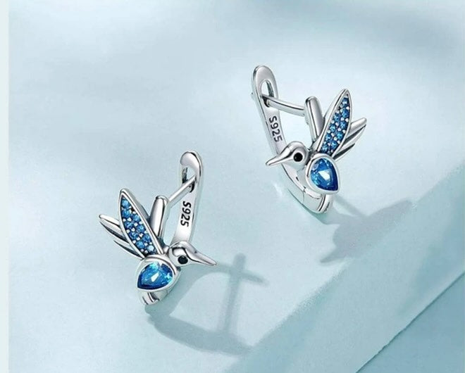 Earrings 925 Sterling Silver Cute Hummingbird earrings For Women Shiny Blue Cubic Zirconia Bird