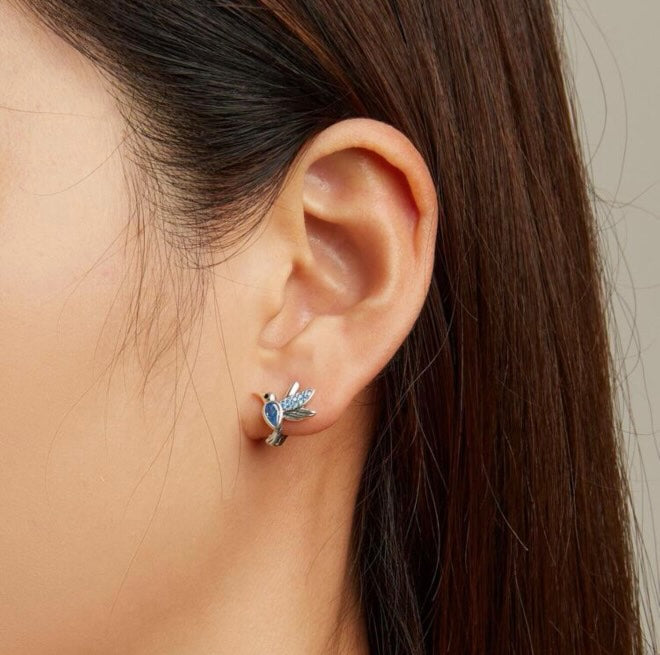 Earrings 925 Sterling Silver Cute Hummingbird earrings For Women Shiny Blue Cubic Zirconia Bird