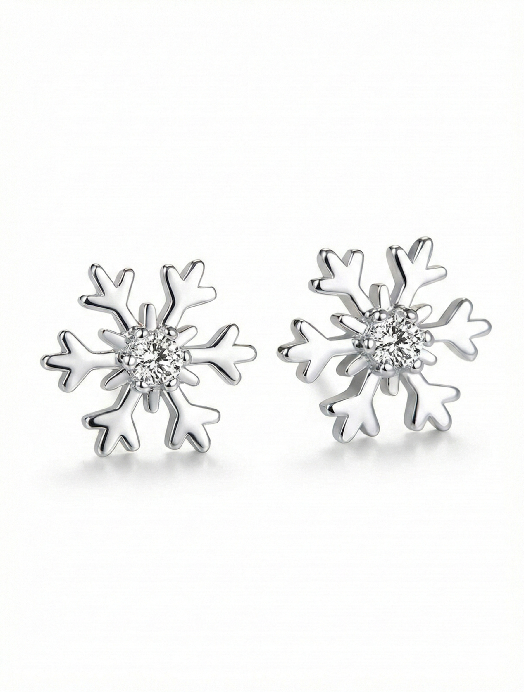 S925 Sterling Silver Simple Cubic Zirconia Snowflake Stud Earrings