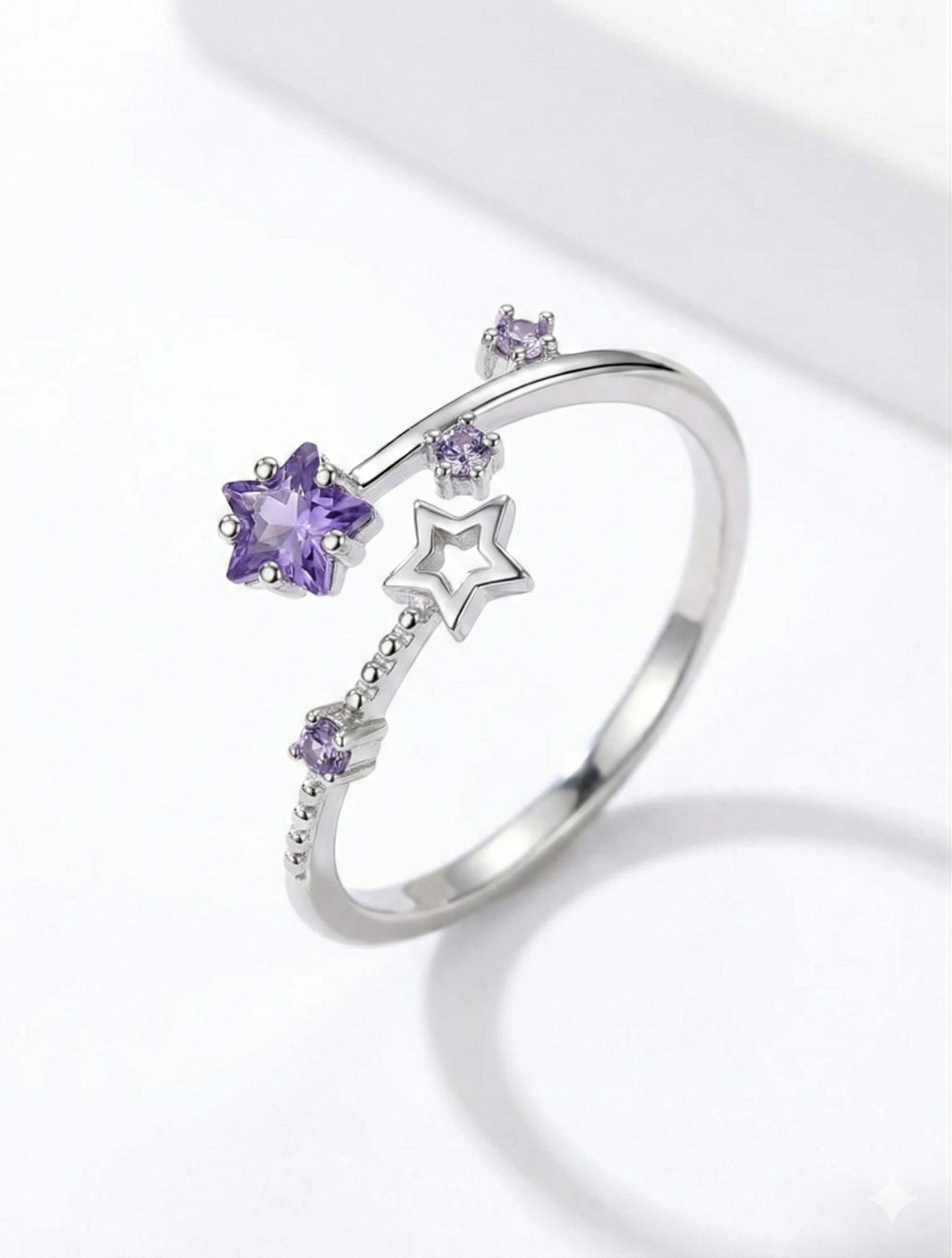 S925 Sterling Silver Adjustable Purple Amethyst Star Ring