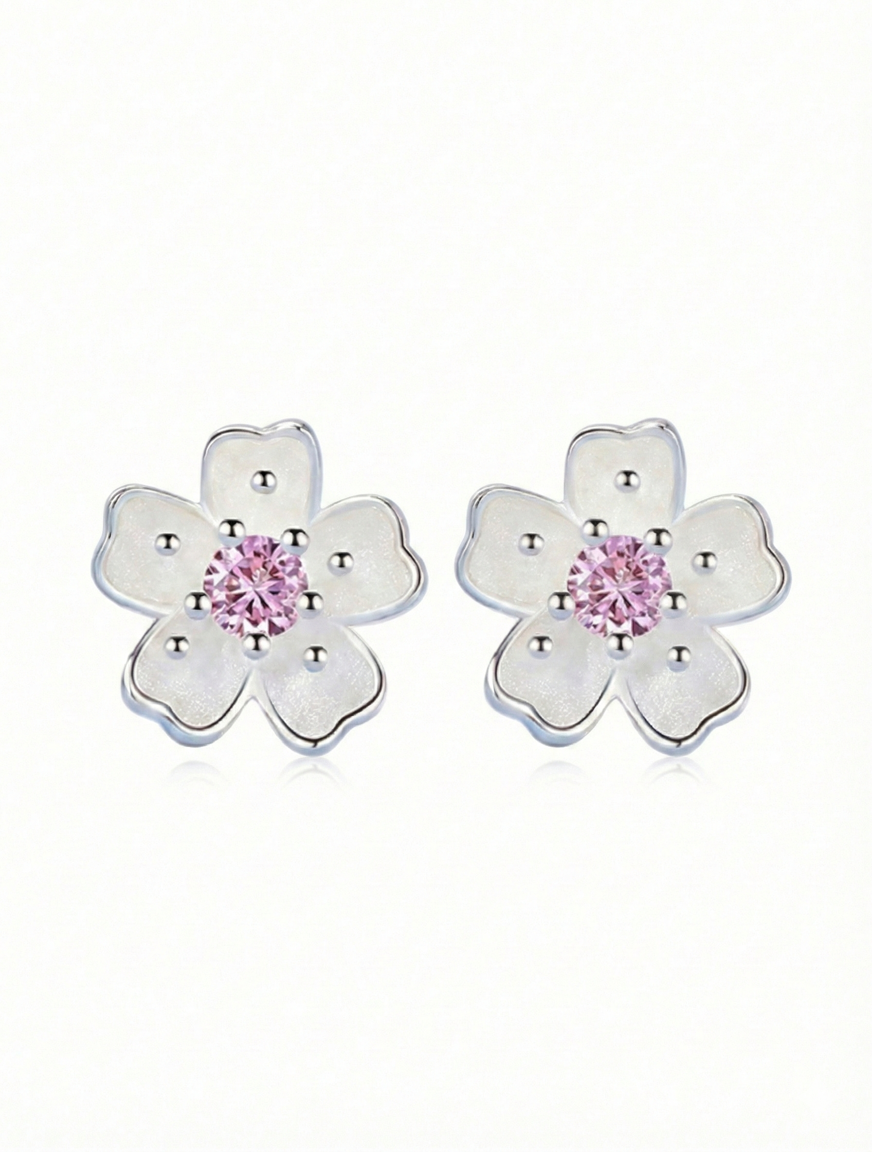 925 sterling silver cherry blossom stud earrings set with a synthetic pink Sapphire