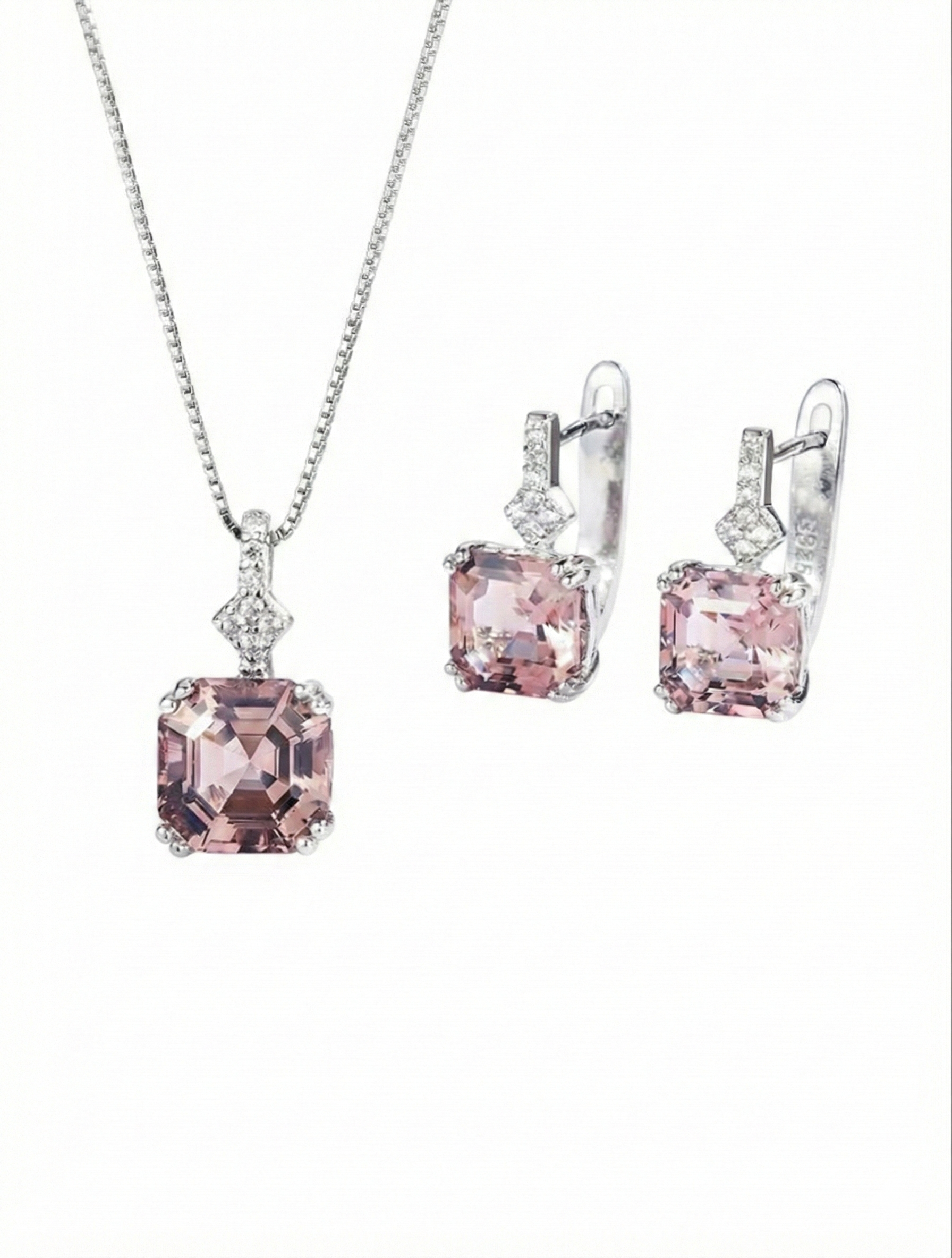 Luxury 925 Sterling Silver  Premium Zirconia Necklace And Earrings Set With Sparkling Square Cut 5A Cubic Zirconia