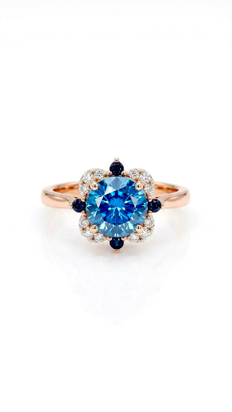 The Marina Bloom gold-plated silver ring is inlaid a round blue lab-grown sapphire