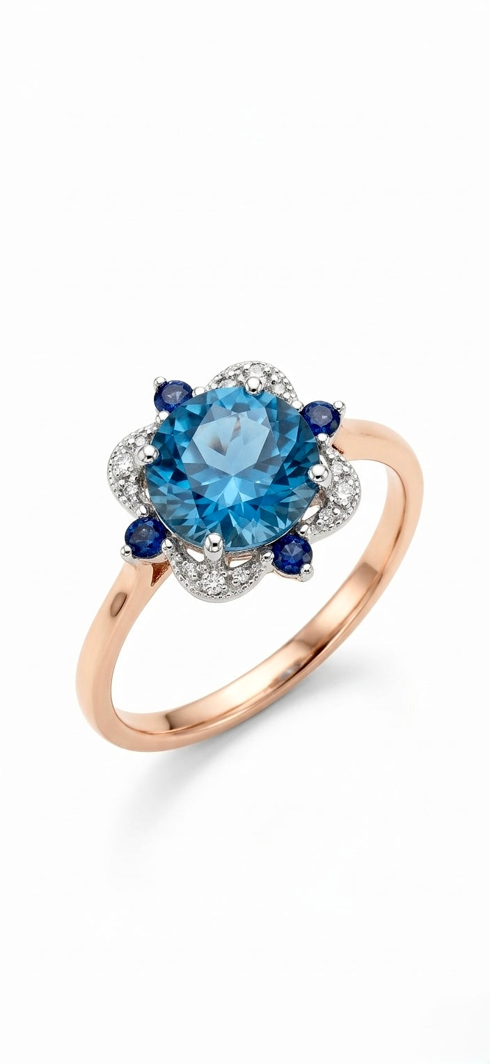 The Marina Bloom gold-plated silver ring is inlaid a round blue lab-grown sapphire